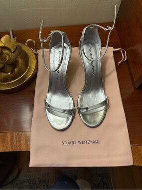 Stuart Weitzman Metallic Silver Open-Toe Ankle-Strap Heels